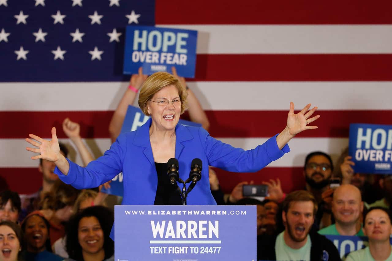 Democratic presidential candidate Sen. Elizabeth Warren, D-Mass., speaks to supporters at a caucus night campaign rally, Monday, Feb. 3, 2020, in Des Moines, Iowa. (AP Photo/Sue Ogrocki)