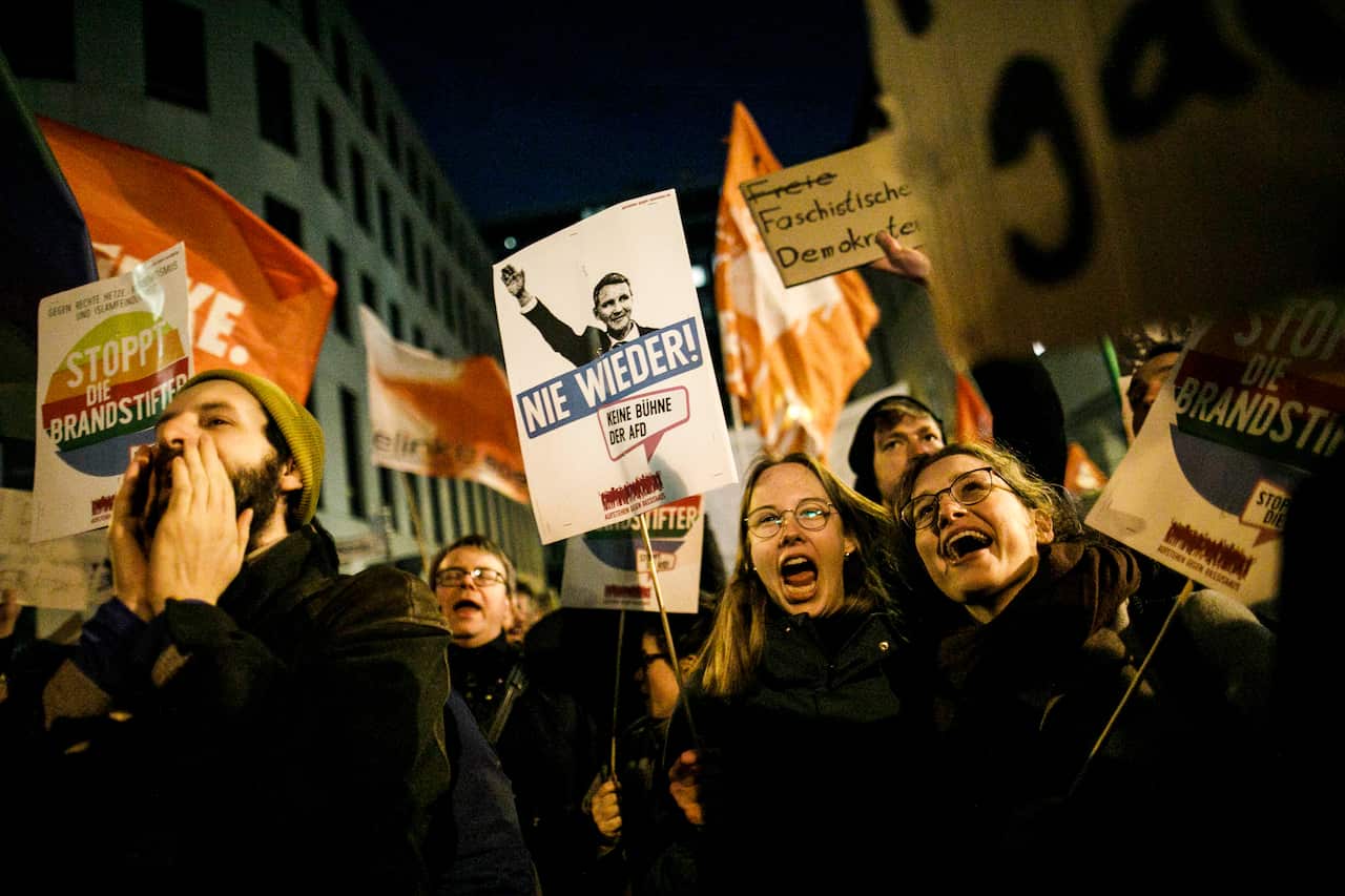 Demonstrators protest in Berlin after the FDP state chairman Thomas Kemmerich was elected as Minister President of the state of Thuringia.