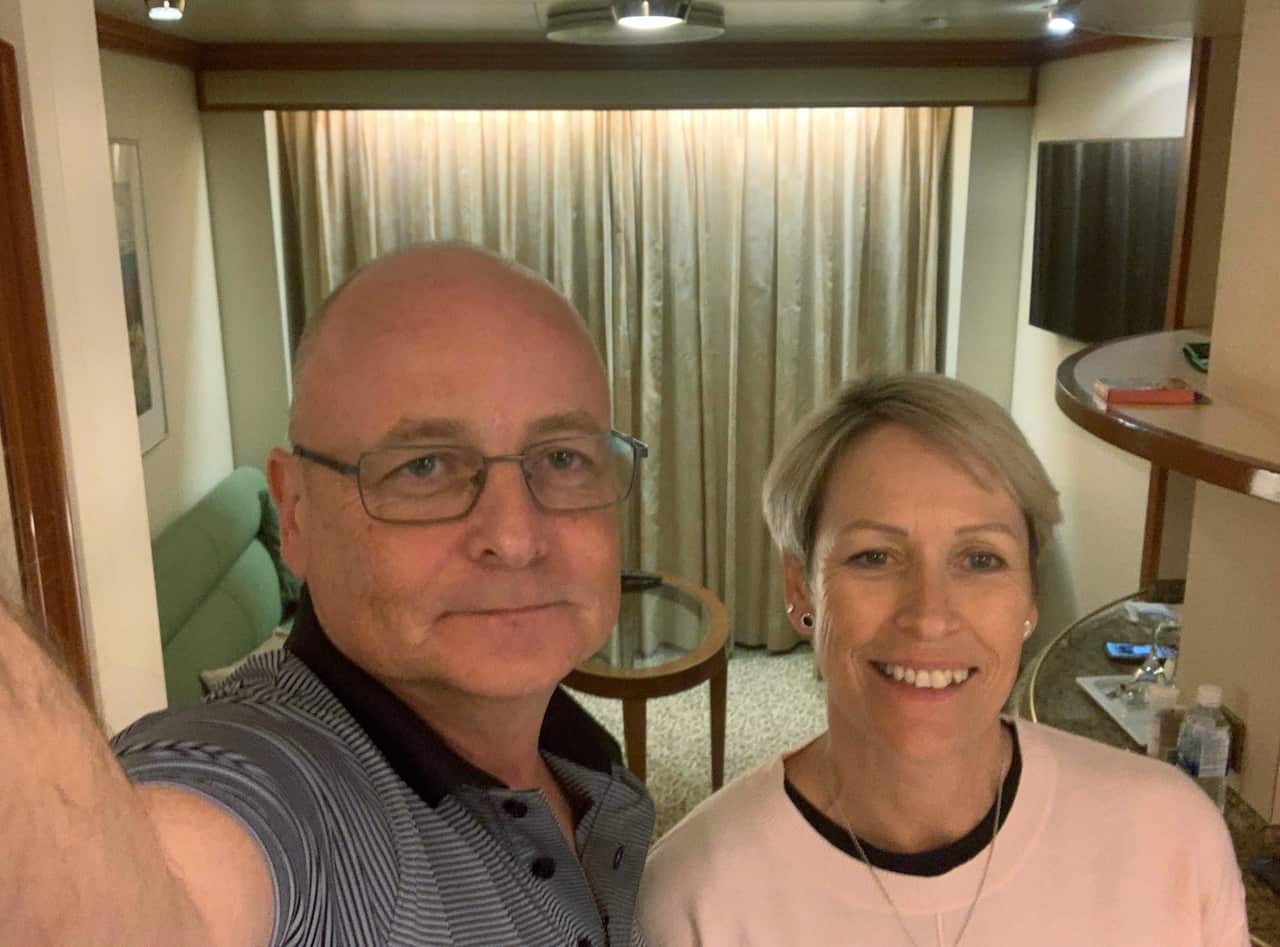 Cairns couple Paul and Jacqui Fidrmuc on board the Diamond Princess cruise ship off Japan.