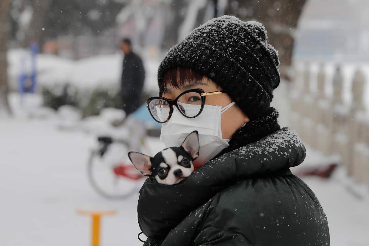 A woman carries her pet dog in Beijing, China.