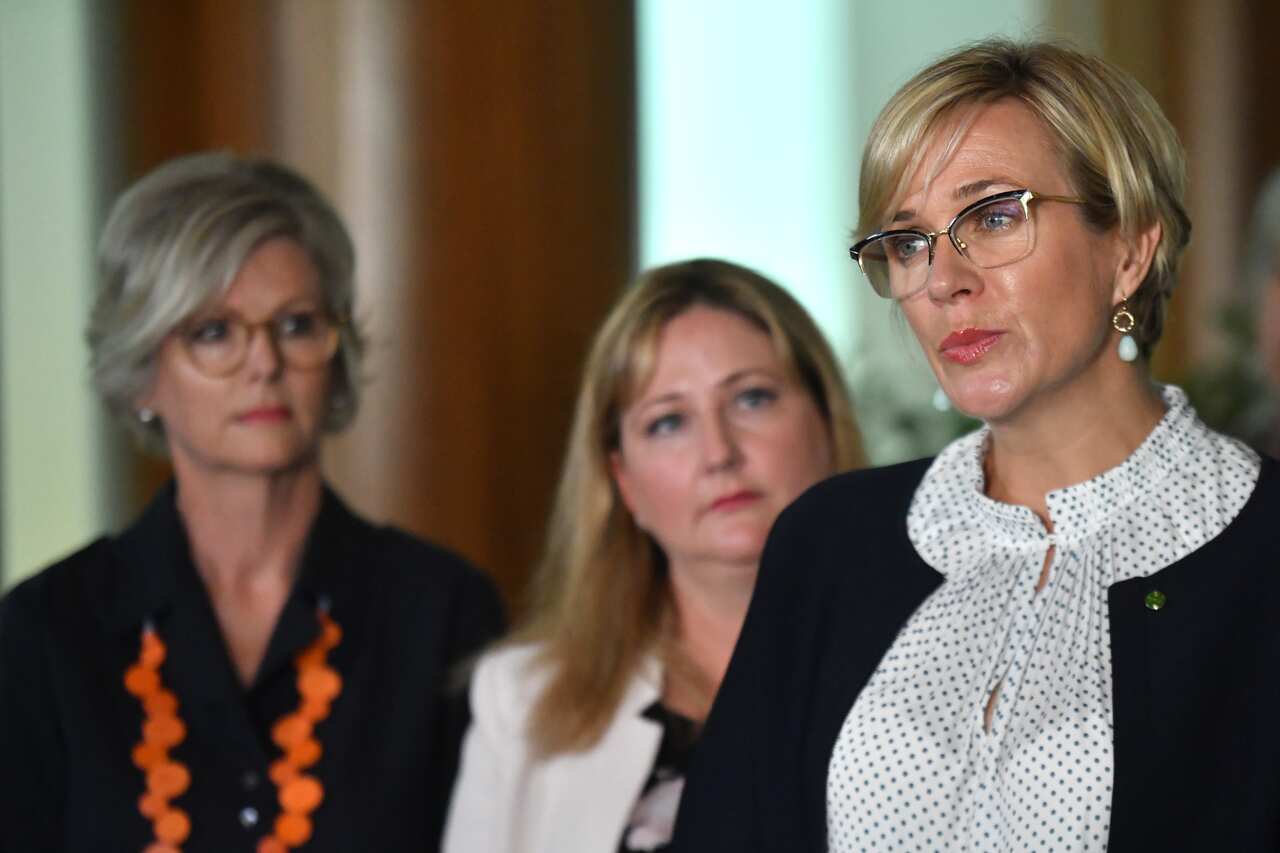 Independent Helen Haines, Centre Alliance's Rebekha Sharkie and Independent Zali Steggall at Parliament House in Canberra.