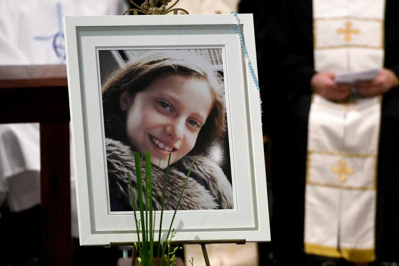 A photograph of Veronique Sakr, 11, is seen during her funeral at the Santa Sabina College Chapel in Sydney, on 11 February, 2020. 