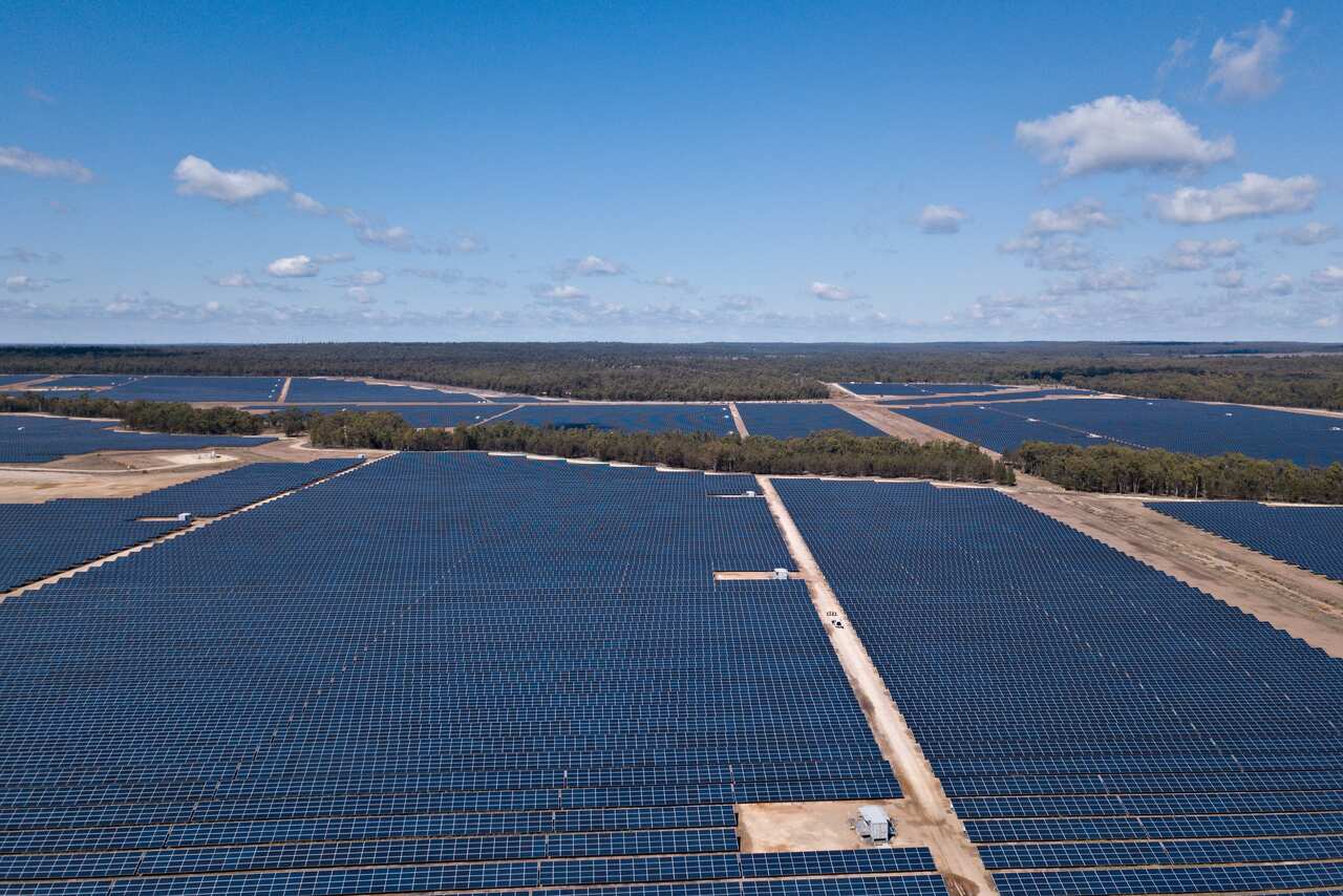 A supplied photoshowing an aerial view of the Darling Downs solar farm near Dalby, Queensland.