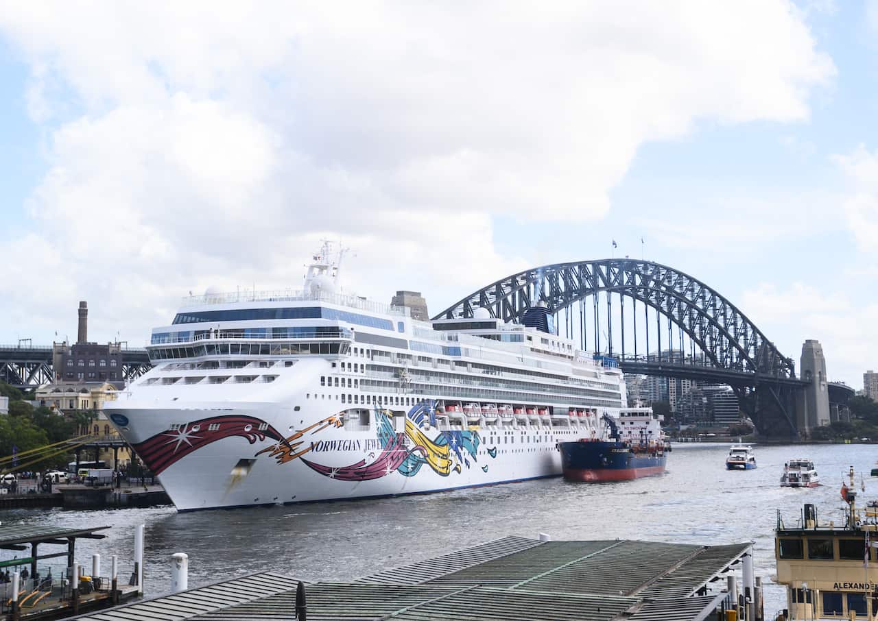The Norwegian Jewel cruise ship is seen at Circular Quay in Sydney, Friday, February 14, 2020. The cruise ship arrived in Sydney this morning with a passenger now being tested for possible coronavirus. (AAP Image/James Gourley) NO ARCHIVING
