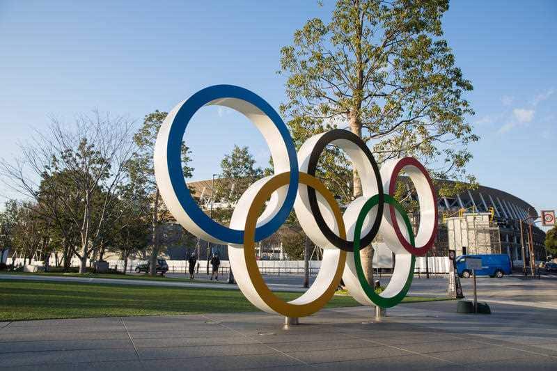 View of the Olympic Rings near the new National Stadium in Kasumigaoka, Shinjuku, Tokyo