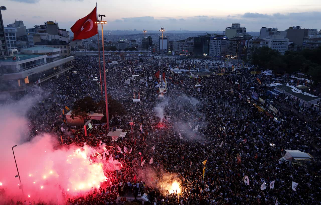 Protesters during a rally against the government's crackdown on environmentalists angered by a development project at the Gezi park, Turkey in 2013. 