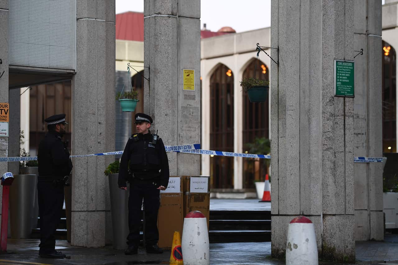 Police outside London Central Mosque in Regent's Park.