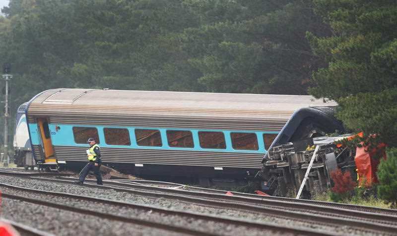 The scene of an XPT train derailment in Wallan North, 45km north of Melbourne