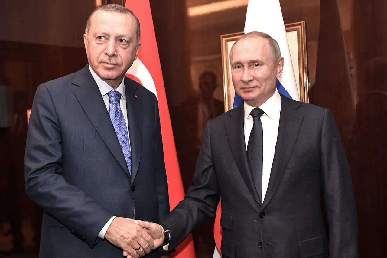 Turkish President Recep Tayyip Erdogan shakes hands with Russian President Vladimir Putin. 