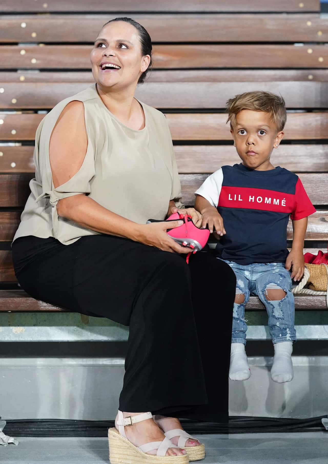 Quaden Bayles with his mother Yarraka prior to the NRL Indigenous All-Stars vs Maori Kiwis match at on the Gold Coast, Saturday, 22 February, 2020.