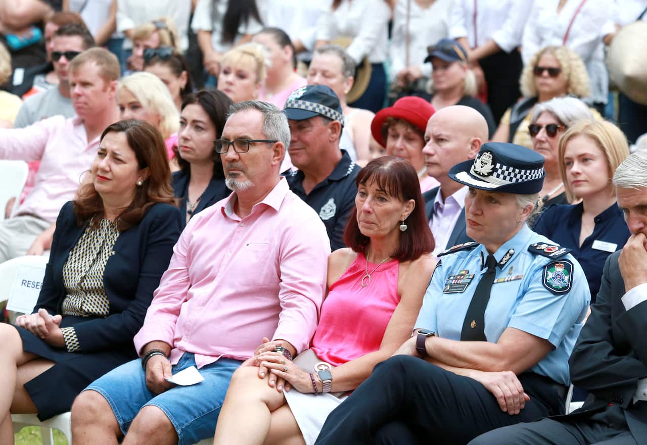 Hannah Clarks parents Lloyd and Suzanne Clark are flanked by Queensland Premier Annastasia Palaszczuk and Queensland Police Commissioner Katarina Carroll.