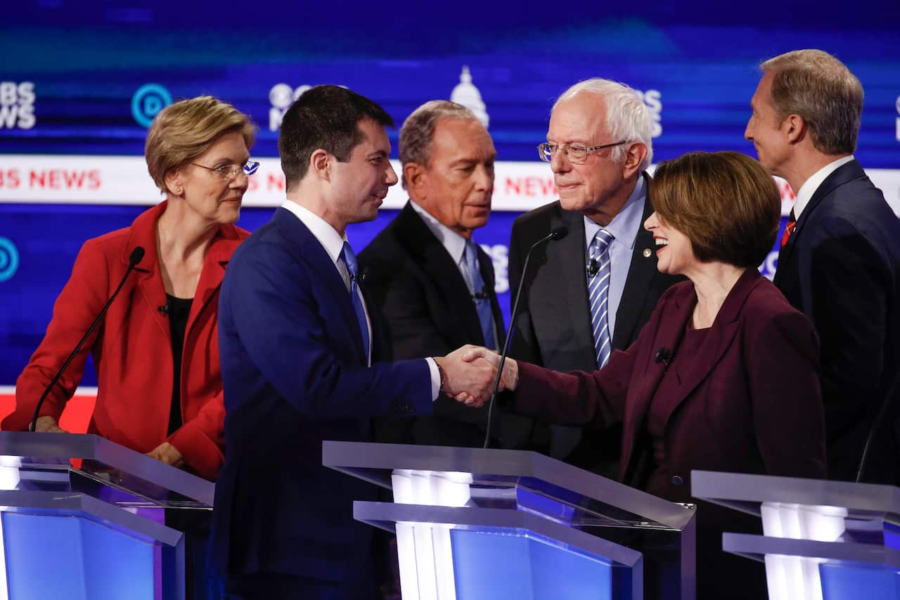 Democratic presidential candidates Elizabeth Warren,  Pete Buttigieg, Mike Bloomberg,  Bernie Sanders, Amy Klobuchar and Tom Steyer