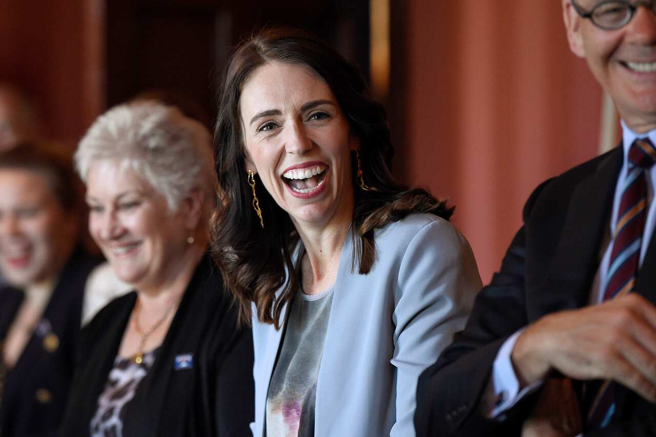New Zealand Prime Minister Jacinda Ardern, center, smiles during a meeting with Australian Prime Minister Scott Morrison at Admiralty House in Sydney, Friday, Feb. 28, 2020. (Bianca De Marchi/Pool Photo via AP)