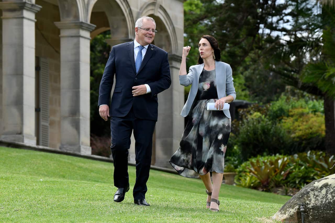 Australian Prime Minister Scott Morrison and New Zealand Prime Minister Jacinda Ardern are seen arriving for a press conference at Admiralty House