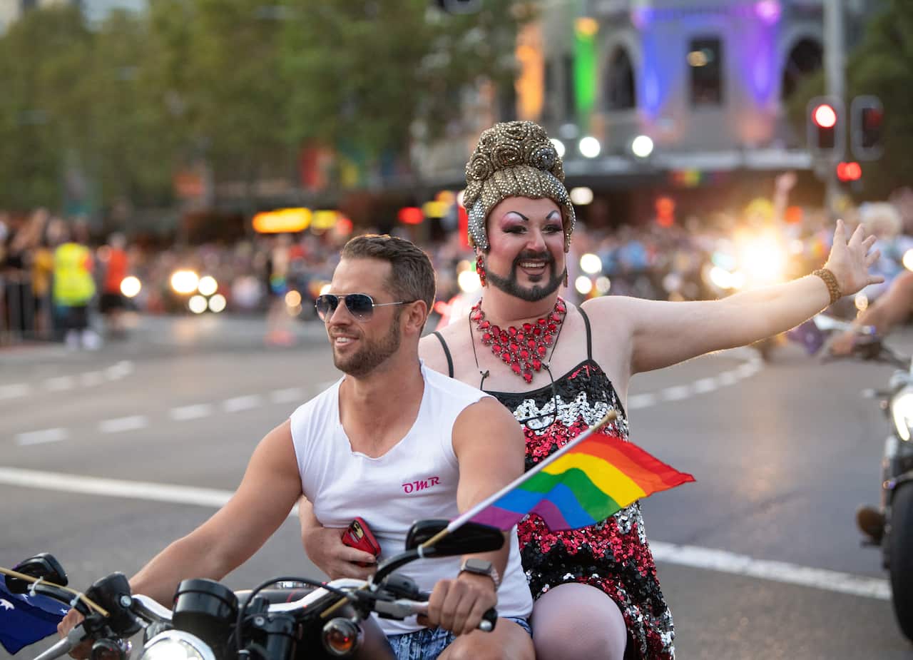 Participants on motorcycles take part in the 42nd annual Gay and Lesbian Mardi Gras parade in Sydney.