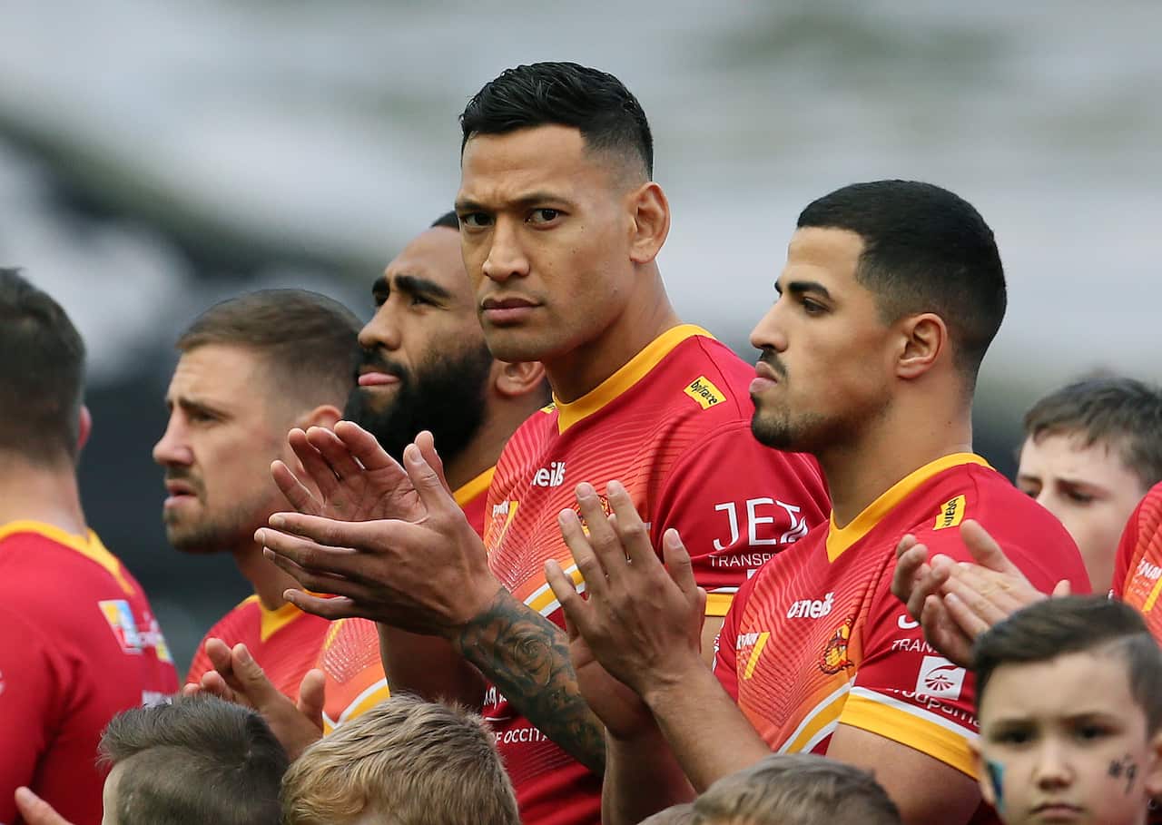 Catalans Dragons' Israel Folau lines up for the Super League match at the KCOM Stadium, Hull.