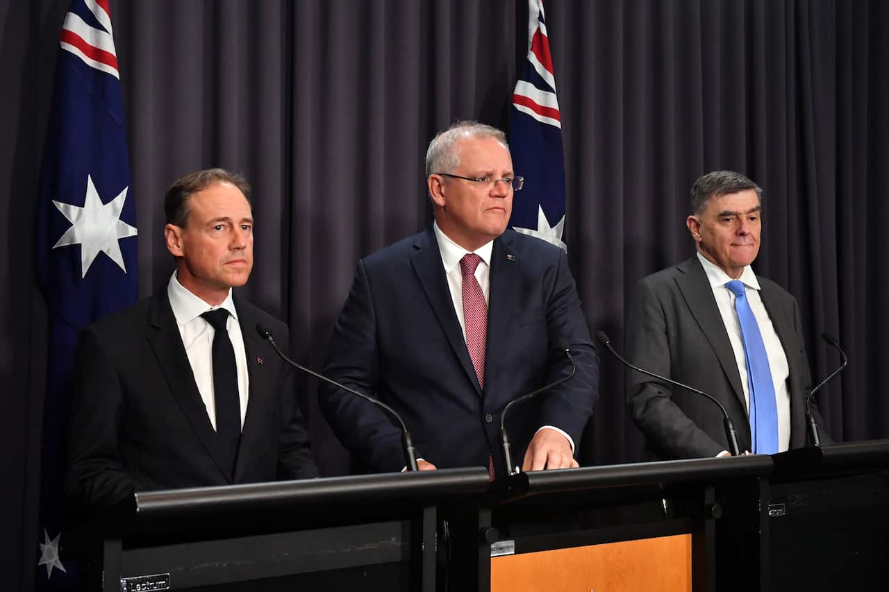 Minister for Health Greg Hunt, Prime Minister Scott Morrison and Chief Medical Officer Professor Brendan Murphy.