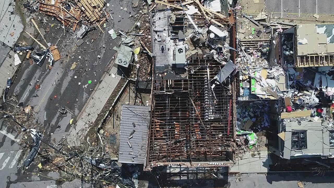 In this aerial image damage is seen in Nashville, Tennessee, Tuesday, 3 March, 2020.