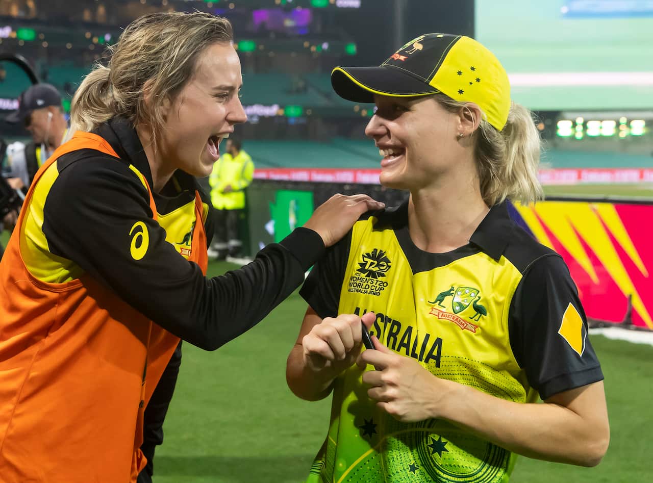 Ellyse Perry of Australia celebrates with Nicola Carey after  the Women's T20 World Cup semi-final match between Australia and South Africa at the SCG.