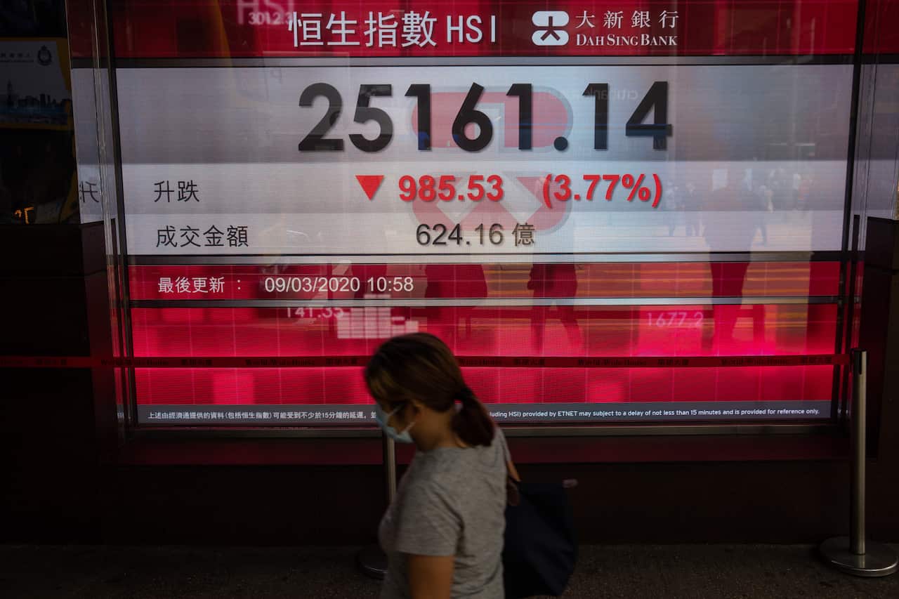 A woman walks past an electronic billboard displaying the Hang Seng Index in Hong Kong.
