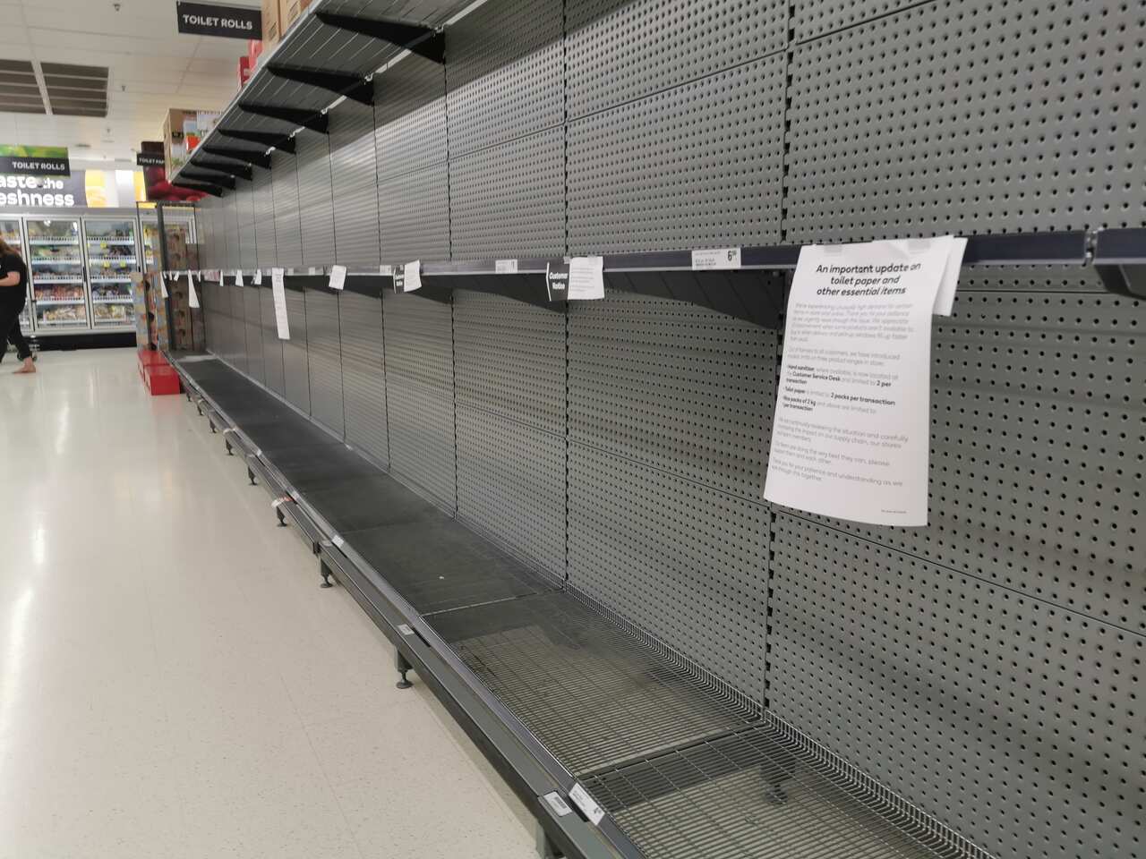 Supermarkets have experienced shortages on basic sanitary items following panic buying across the country. 