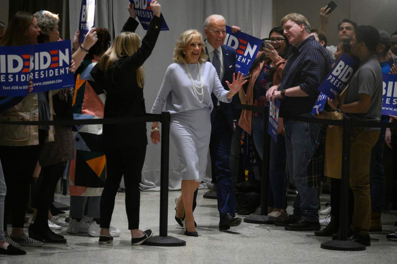 Former Vice President Joe Biden and Dr. Jill Biden take the stage to deliver remarks after wining the Michigan Primary, at the National Constitution Center, in Philadelphia, PA, on March 10, 2020. (Photo by Bastiaan Slabbers/Sipa USA)