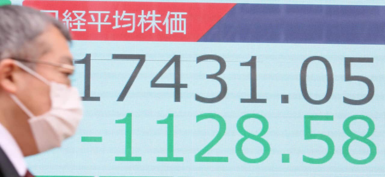 An electric board shows the closing price of 225-issue Nikkei Stock Average in Chuo, Tokyo.