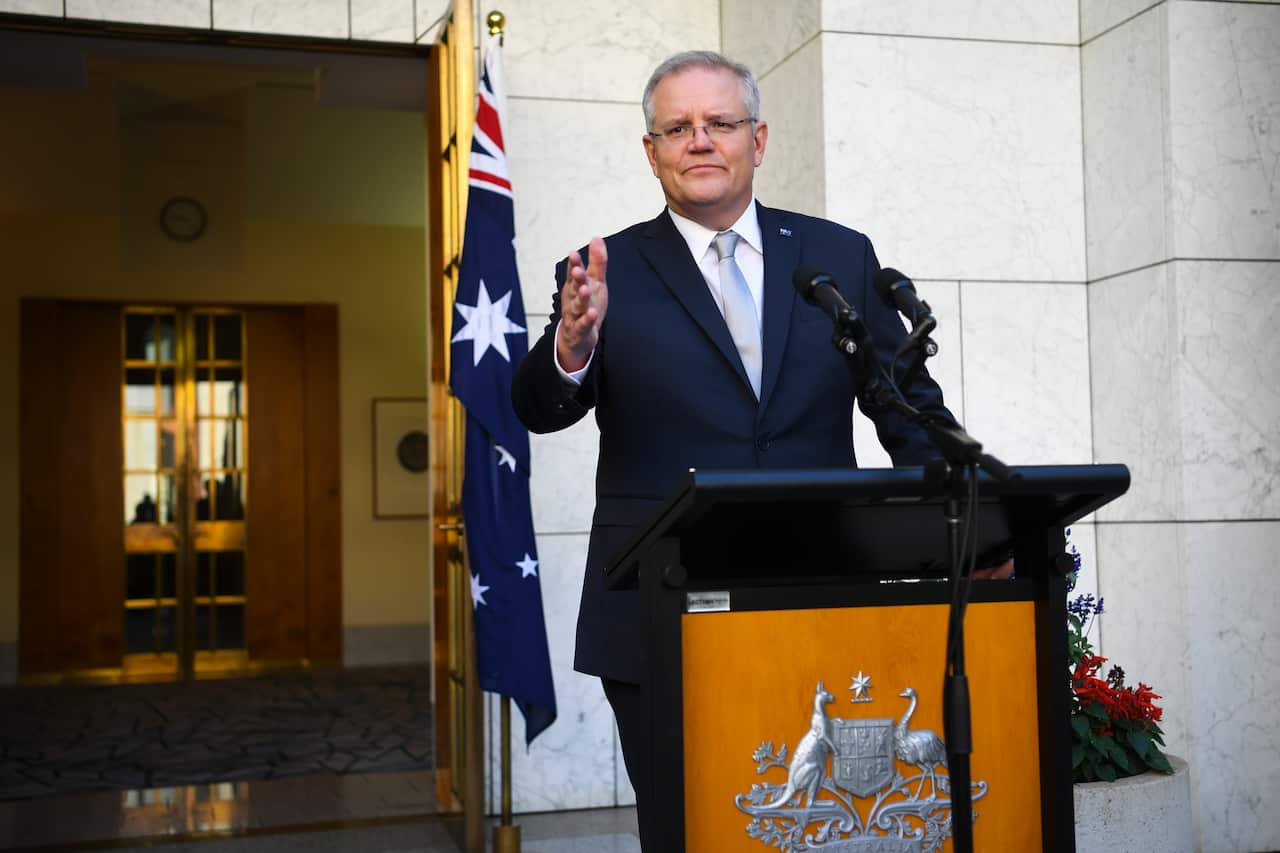 Prime Minister Scott Morrison speaks to the media during a press conference at Parliament House.