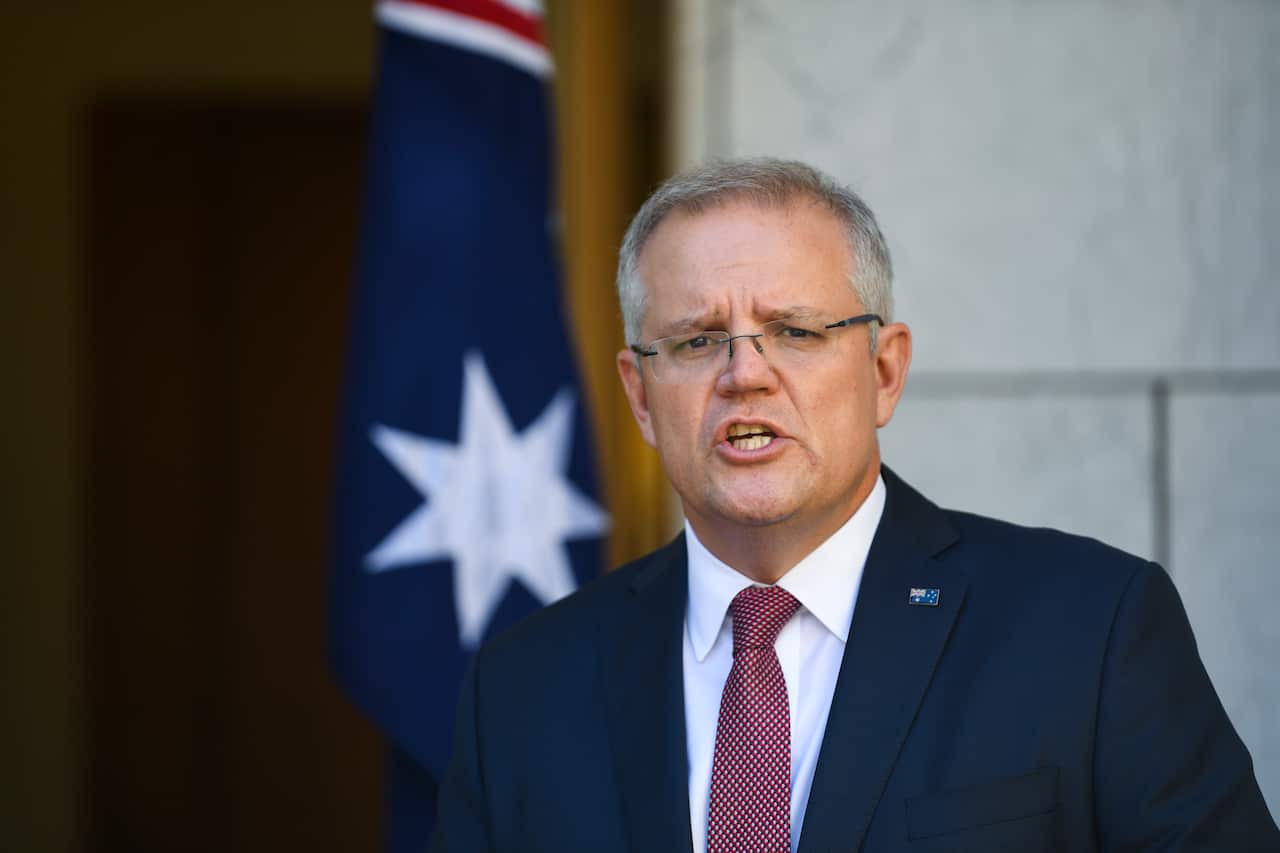 Australian Prime Minister Scott Morrison speaks to the media during a press conference at Parliament House in Canberra, Friday, March 20, 2020. (AAP Image/Lukas Coch) NO ARCHIVING