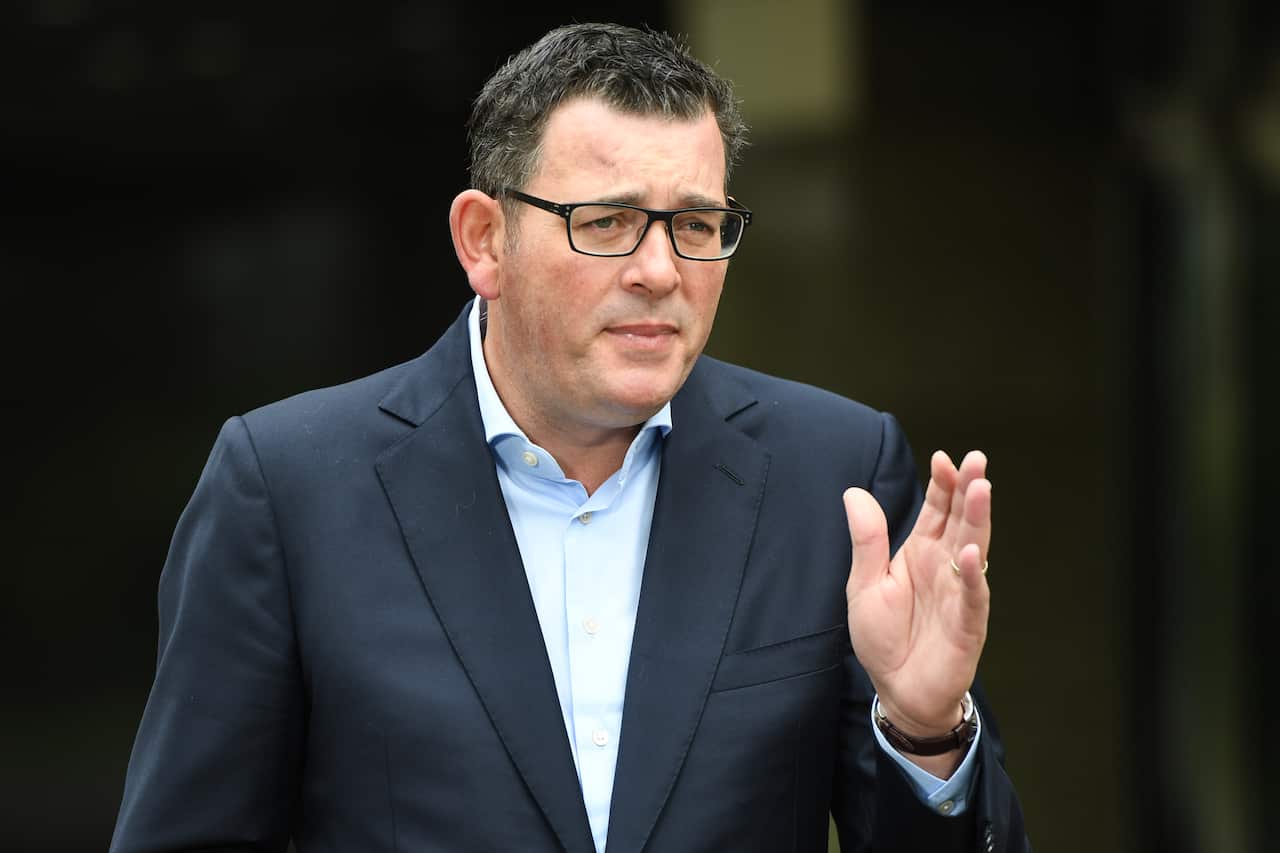 Victorian Premier Daniel Andrews speaks to the media during a press conference in Melbourne, Saturday, March 21, 2020. The premier has announced a $1.7 billion economic survival and jobs package for businesses. (AAP Image/Erik Anderson) NO ARCHIVING