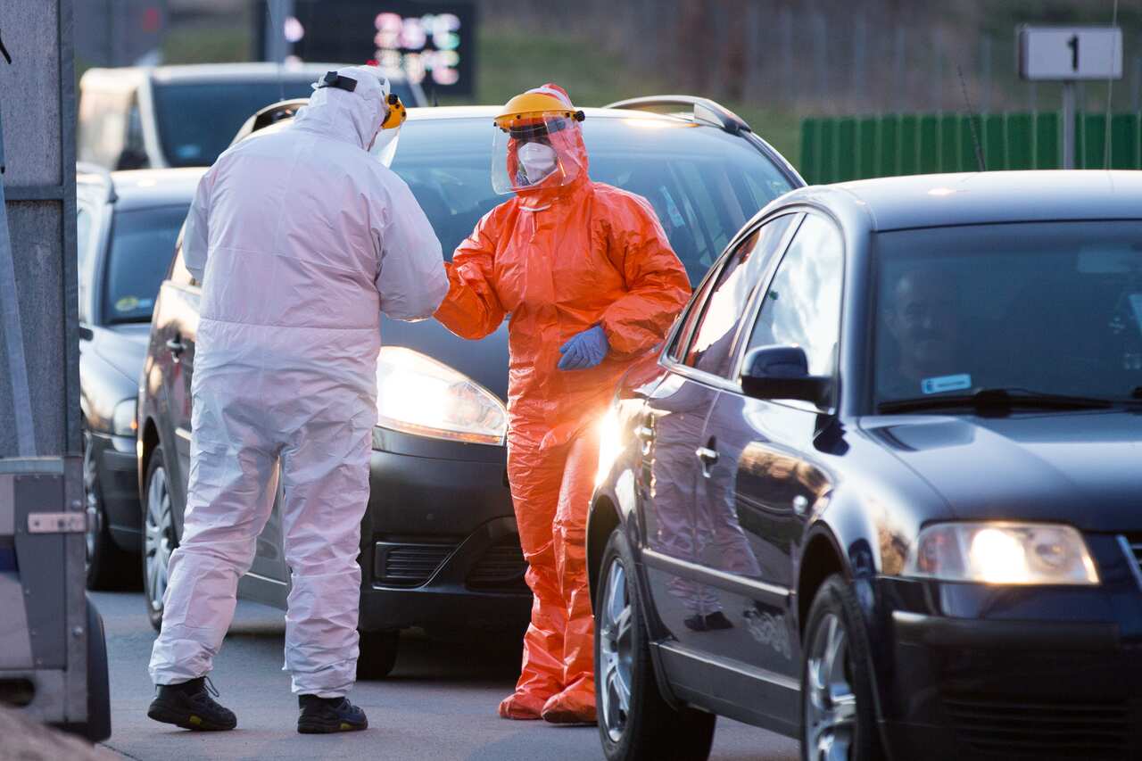 Sanitary controls on the German-Polish border in Jedrzychowice, Poland