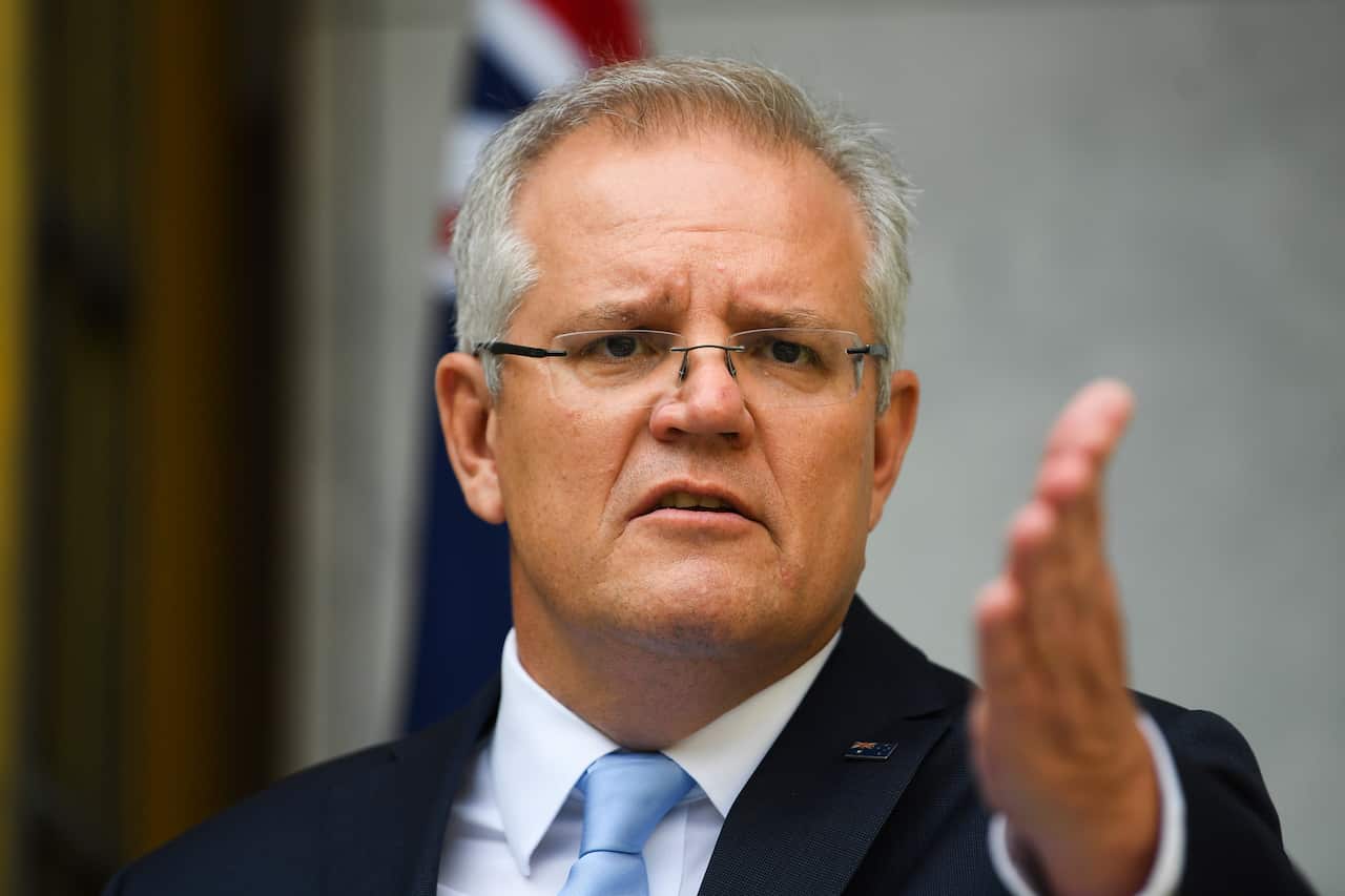 Prime Minister Scott Morrison speaks to the media during a press conference in Canberra.