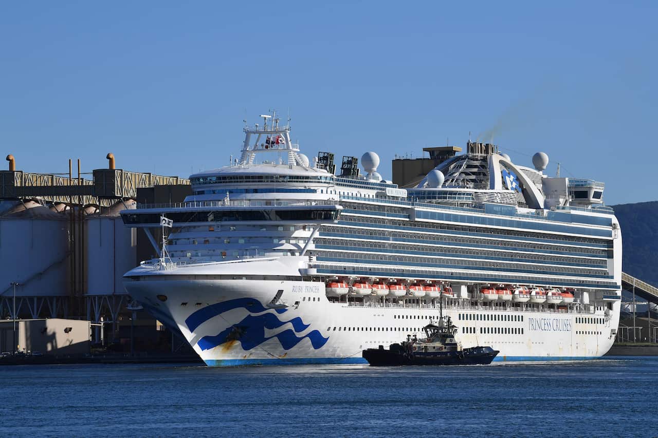 The Ruby Princess, with only crew onboard, docks at Port Kembla, Wollongong, NSW.