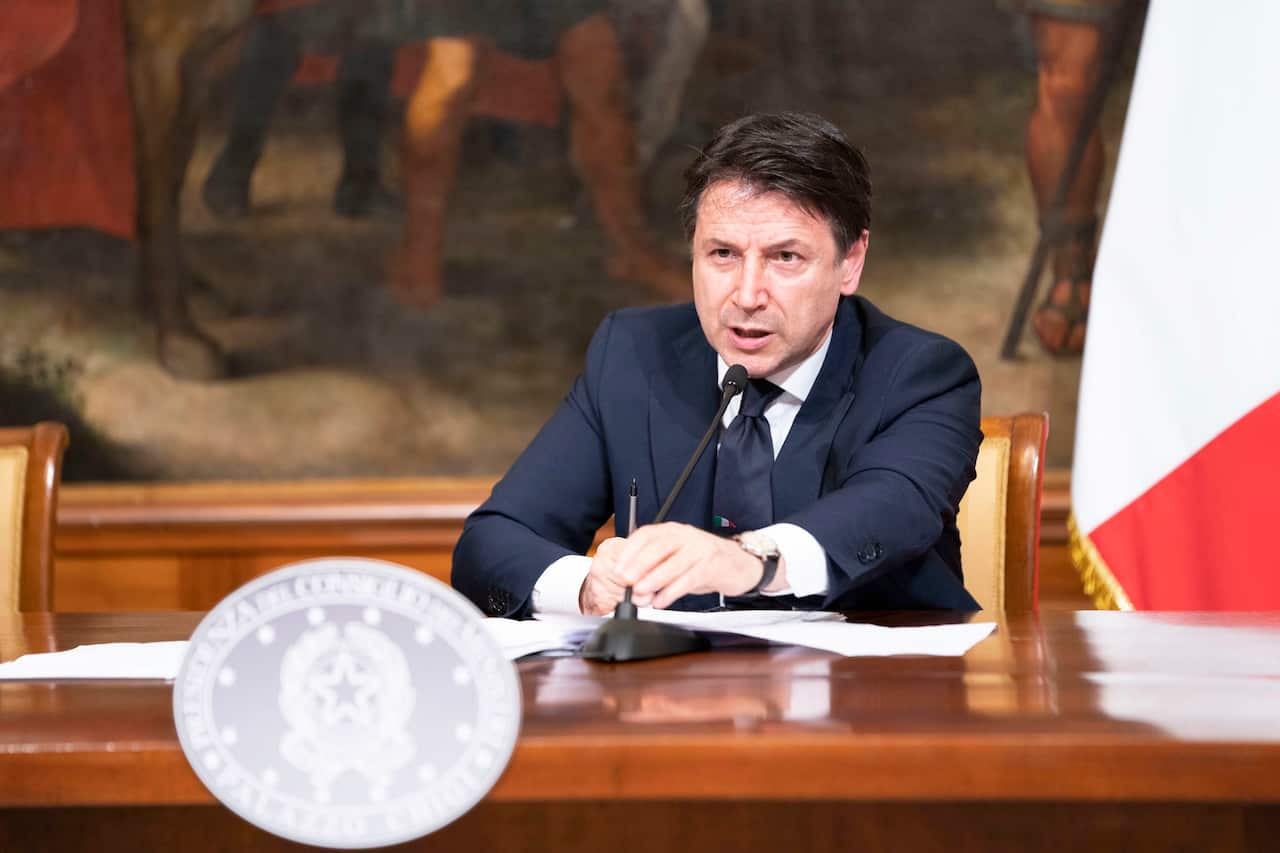 Italian Prime Minister Giuseppe Conte attending a press conference at the end of a Cabinet meeting on the coronavirus pandemic.