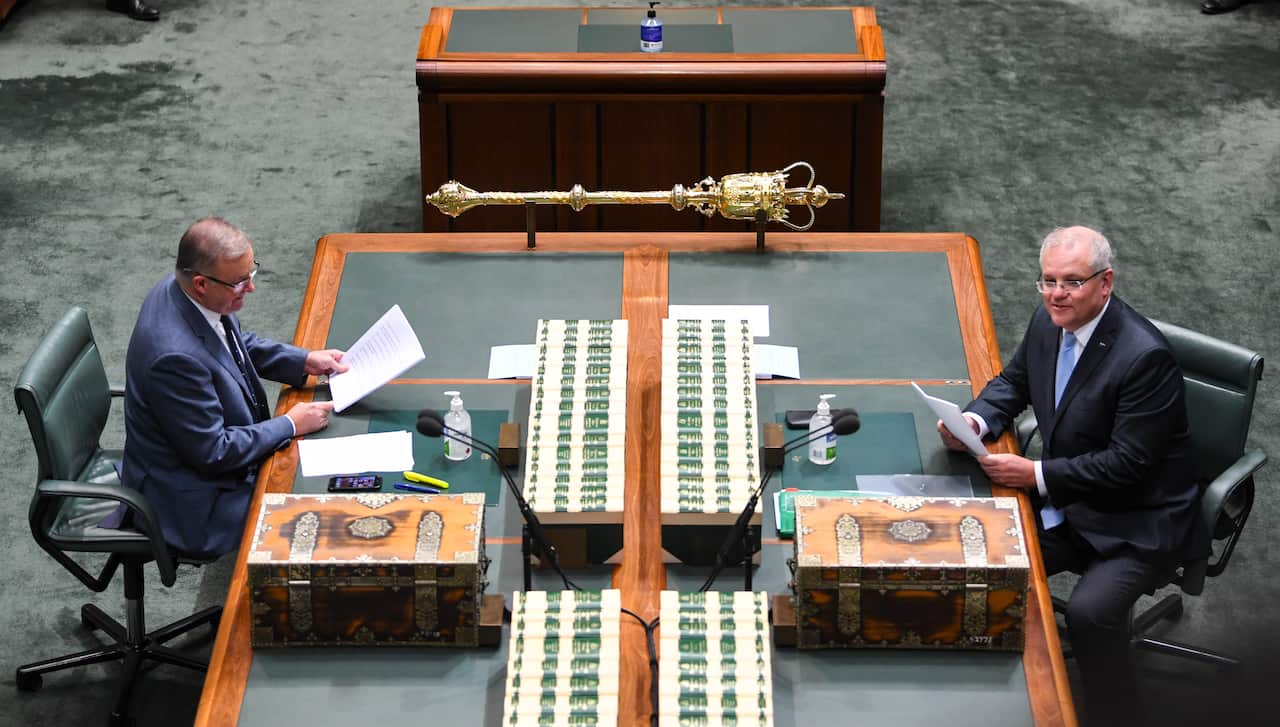 Prime Minister Scott Morrison and Opposition Leader Anthony Albanese maintain social distancing during Question Time.