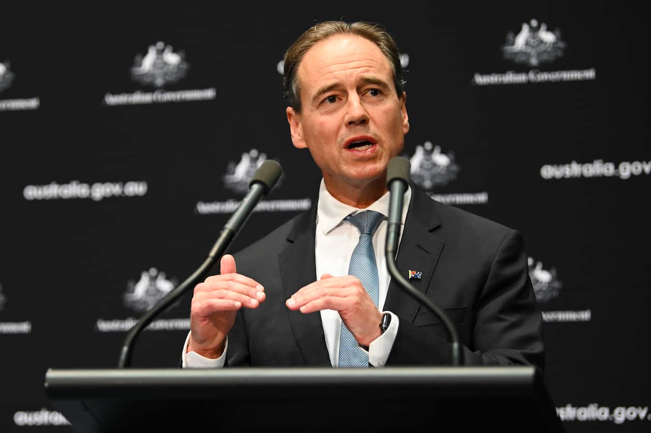 Health Minister Greg Hunt speaks to the media during a press conference at Parliament House in Canberra.