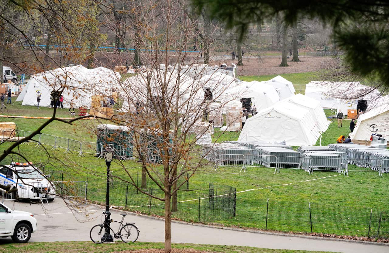 A temporary hospital has been set up in Central Park, Manhattan, New York City to assist in treating patients during the coronavirus pandemic.