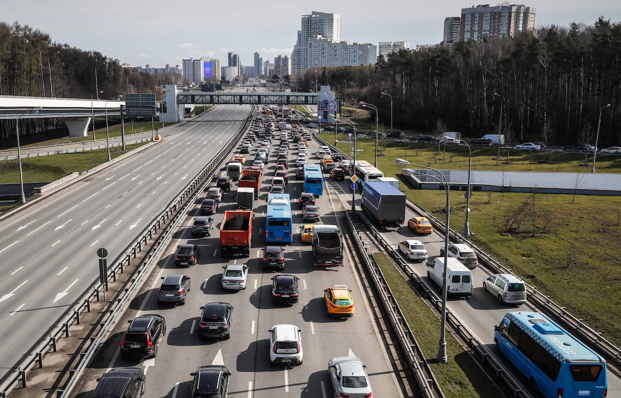 A traffic jam ahead of a check point set up by Russian police at an entrance of Moscow.