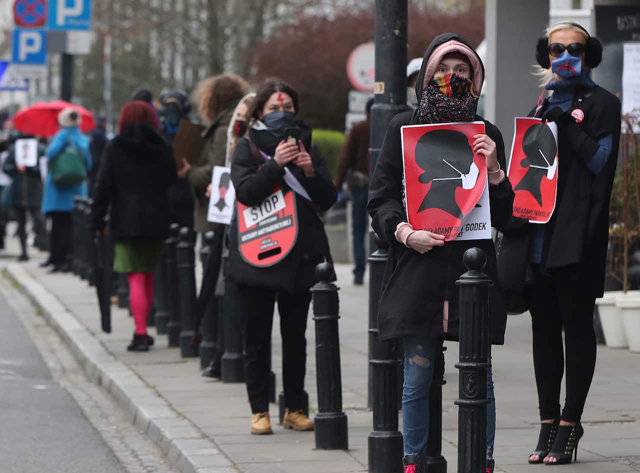 Women's rights activists, wearing masks against the spread of covid-19, protest against the tightening Poland's strict anti-abortion law in Warsaw, Poland.