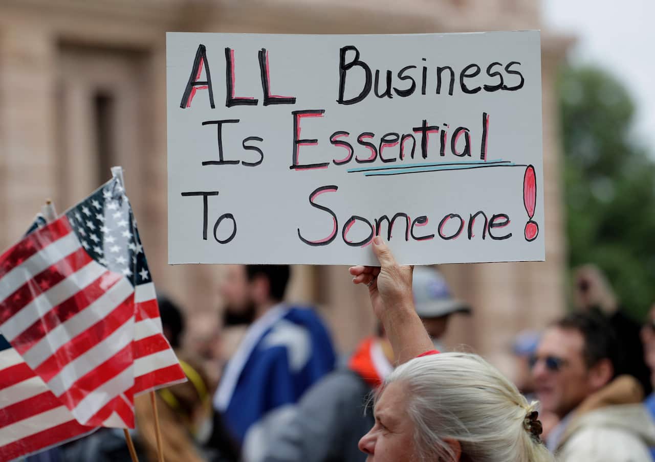 Protesters rally at the Texas State Capitol to call for an end to the coronavirus lockdown.