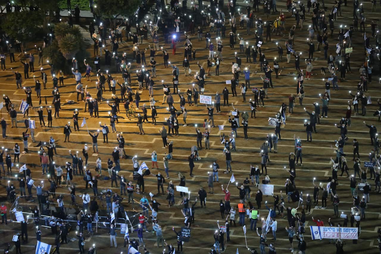 Israelis held a socially distant protest against government corruption last week.