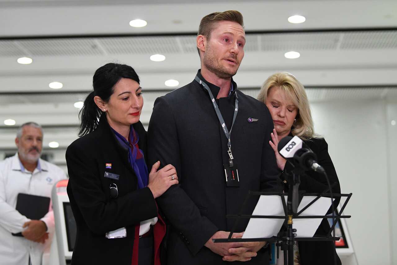 Virgin Australia employee Tony Smith speaks to the media during a press conference at Melbourne Airport on Monday.