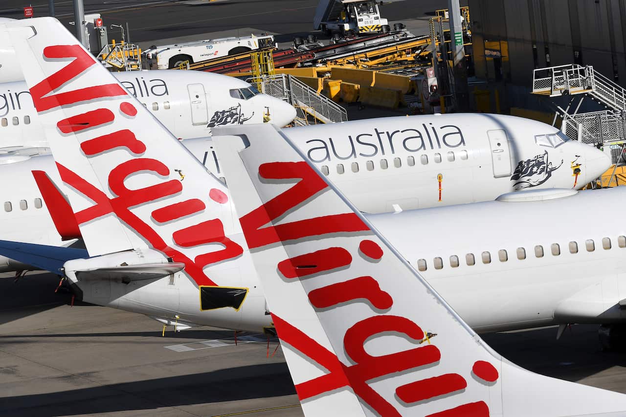 Grounded Virgin Australia planes at Tullamarine Airport in Melbourne.