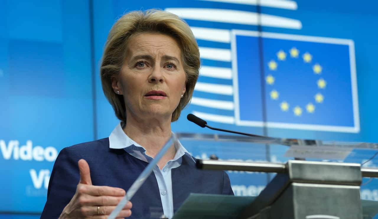 European Commission President Ursula Von Der Leyen speaking after a video conferenced EU summit with European heads of state and governments.