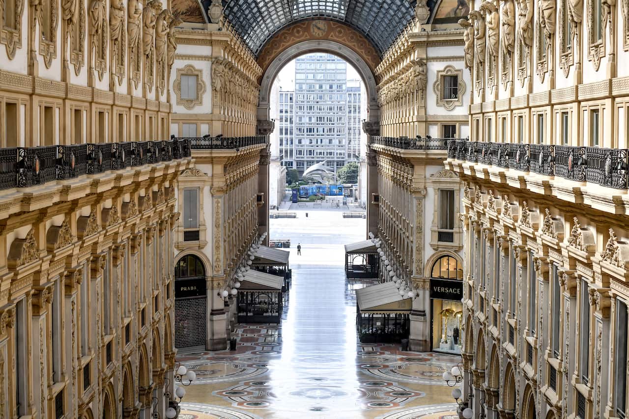 A view of the empty Galleria Vittorio Emanuele II shopping arcade in Milan, Italy.