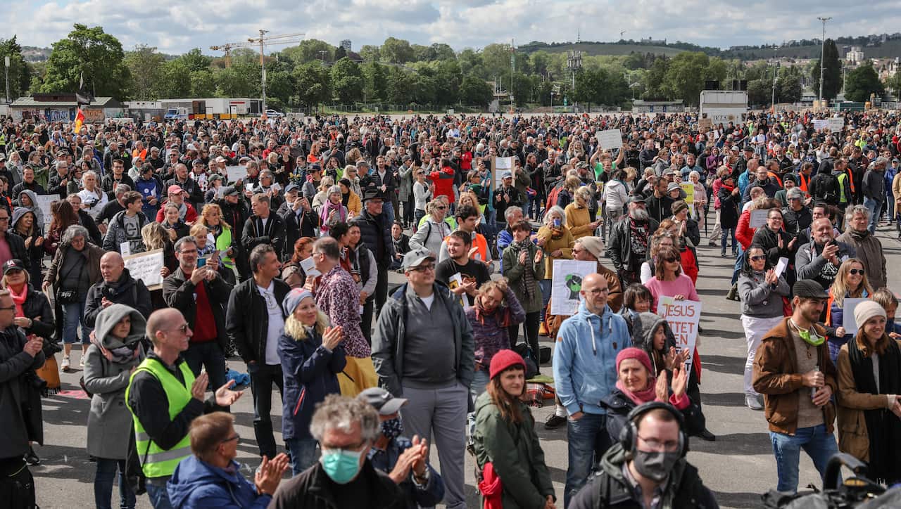 People in Stuttgart protesting coronavirus shutdowns across Germany. 2 May, 2020.