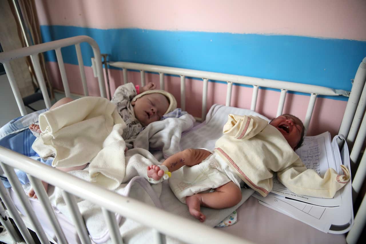 Newborn babies lie in their beds at the Ataturk Children's Hospital.