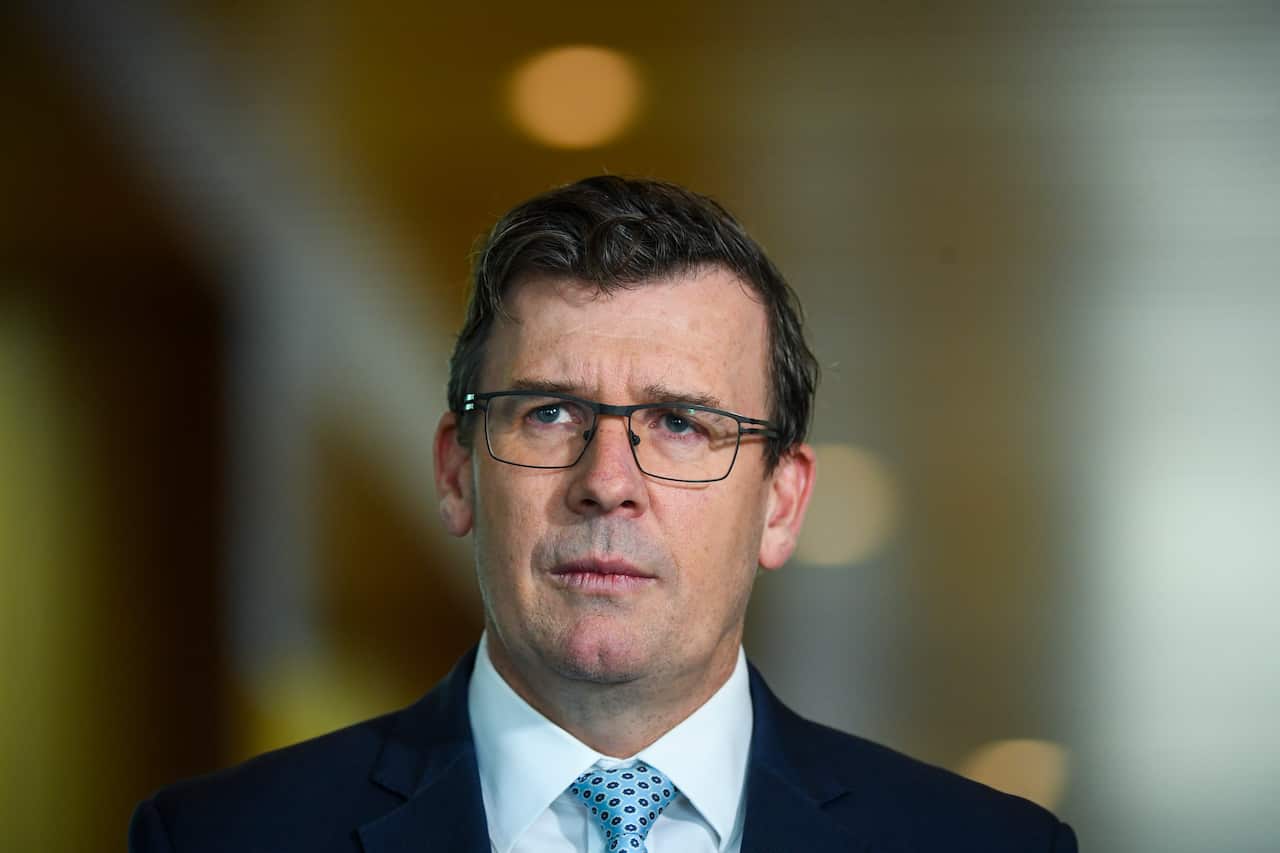 Immigration Minister Alan Tudge speaks to the media  at Parliament House in Canberra.