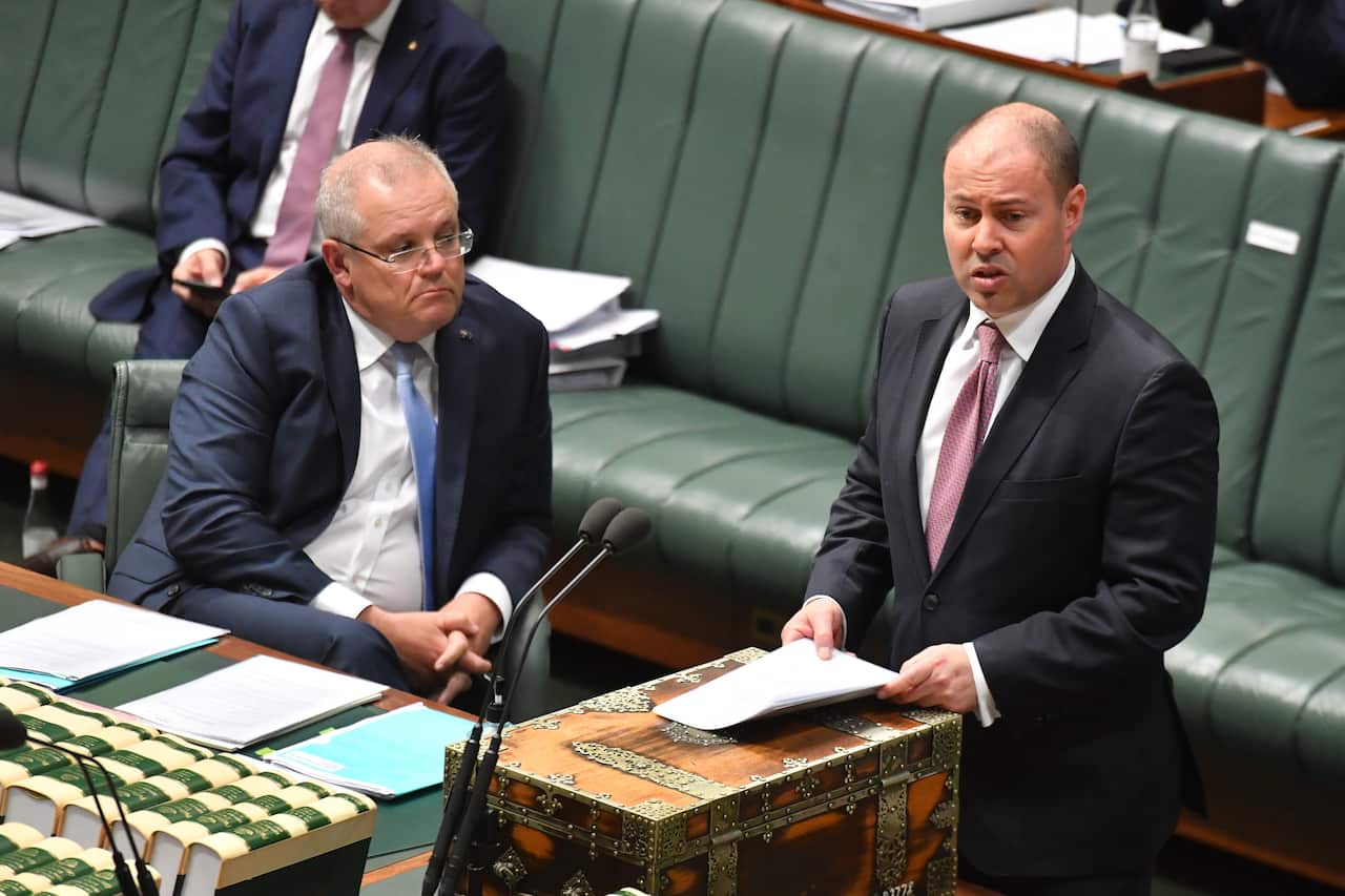 Prime Minister Scott Morrison and Treasurer Josh Frydenberg during Question Time in the House of Representatives at Parliament House in Canberra, Thursday, May 14, 2020. (AAP Image/Mick Tsikas) NO ARCHIVING