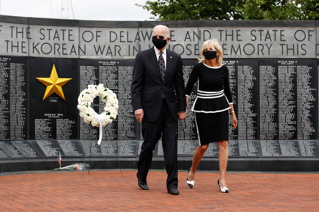 Former Vice President Joe Biden and Jill Biden, after laying a wreath at the Delaware Memorial Bridge Veterans Memorial Park.